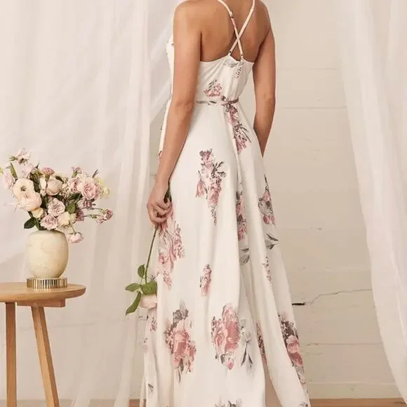 NEW Elegantly Inclined Cream Floral Print Wrap Maxi Dress L - Picture 4 of 5